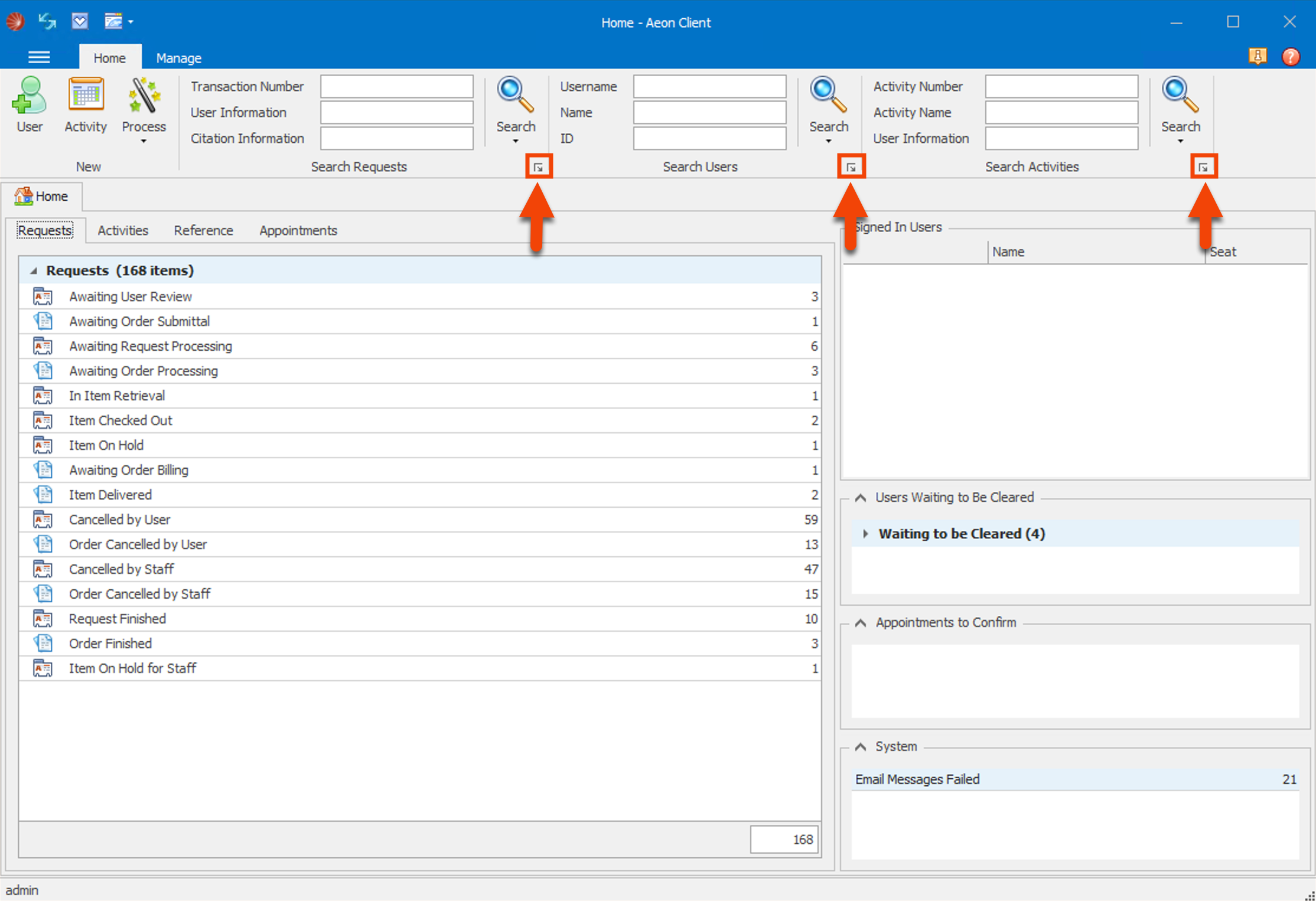 Custom search buttons highlighted in Aeon Desktop Client